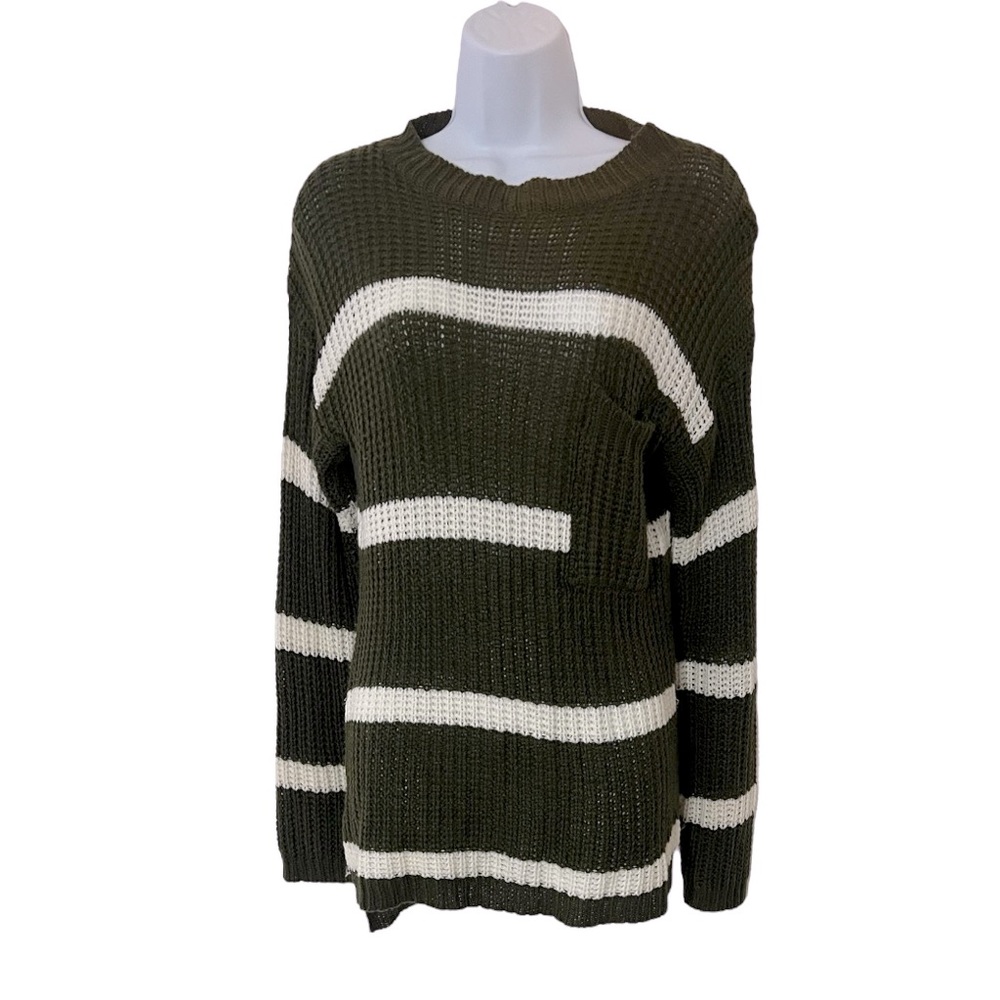 LOVE 💚 Long Sleeve Striped Forest Green & White Sweater - Size Large